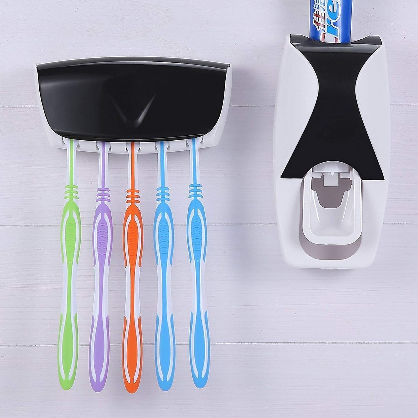 Wall Mounted Toothbrush Holder with Cover Toothpaste Dispenser Set with Self Adhesive for Washroom