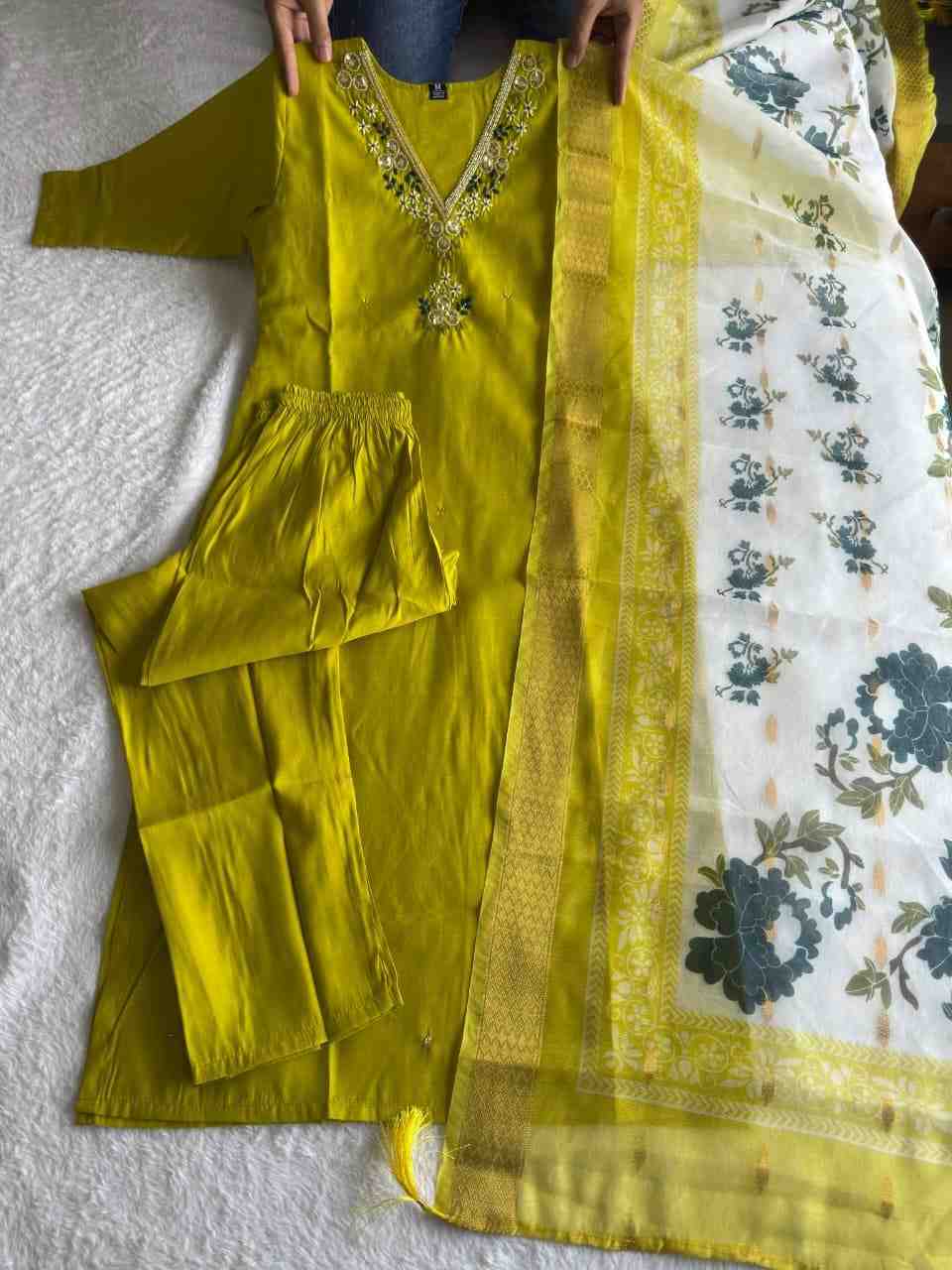 Designer Roman Silk Kurti Pant Dupatta Set with Hand Work | Parrot Colour