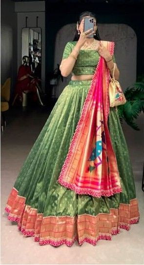Organza lehenga choli with zari weaving front view