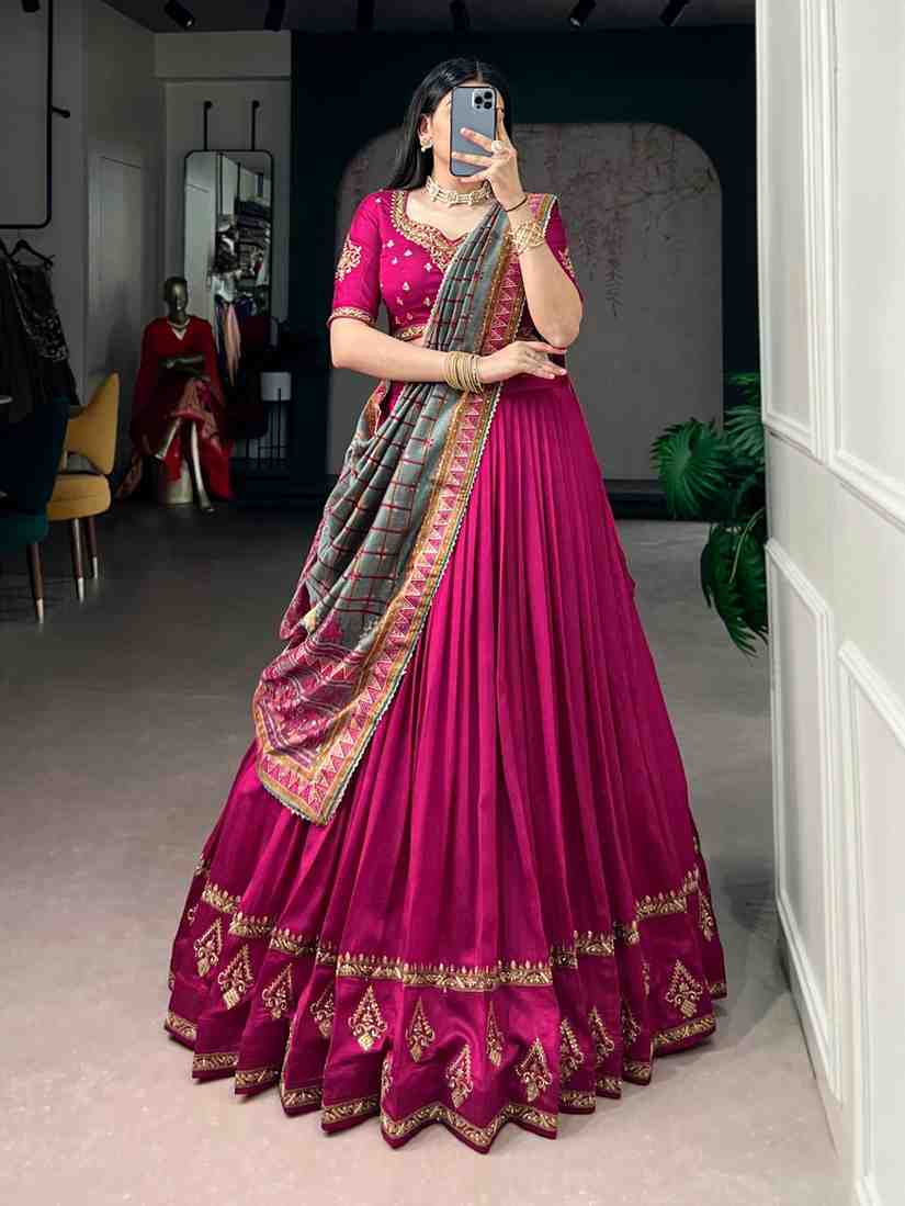 Vichitra Silk Embroidered Lehenga with Foil Print Dupatta