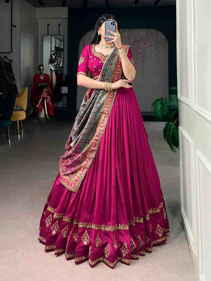 Vichitra Silk Embroidered Lehenga with Foil Print Dupatta