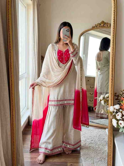 “Designer white kurti set with red detailing and mirror work with dupatta”