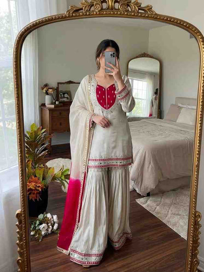 “Traditional kurti palazzo dupatta set with mirror embroidery for women”