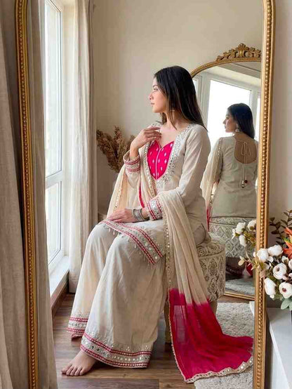 “Elegant ethnic wear white kurti set with lace border dupatta and palazzo”