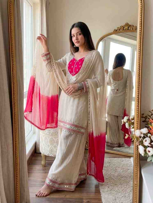 “Festive wear kurti set with palazzo and dupatta for weddings and functions”