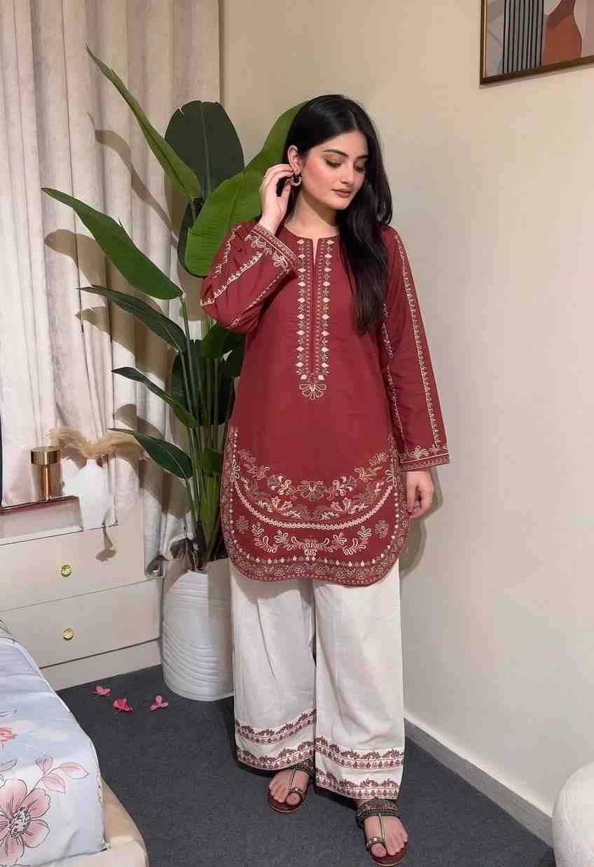 “Maroon kurti palazzo set for women with elegant thread embroidery work”