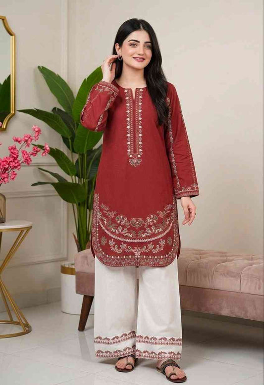 “Designer ethnic kurti and palazzo set in maroon color for festive wear”