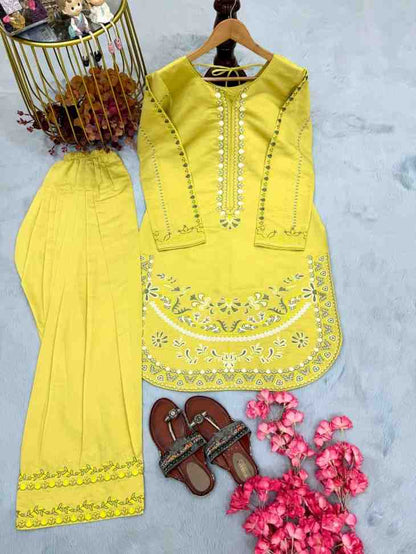 “Stylish yellow kurti palazzo set with thread embroidery for women”