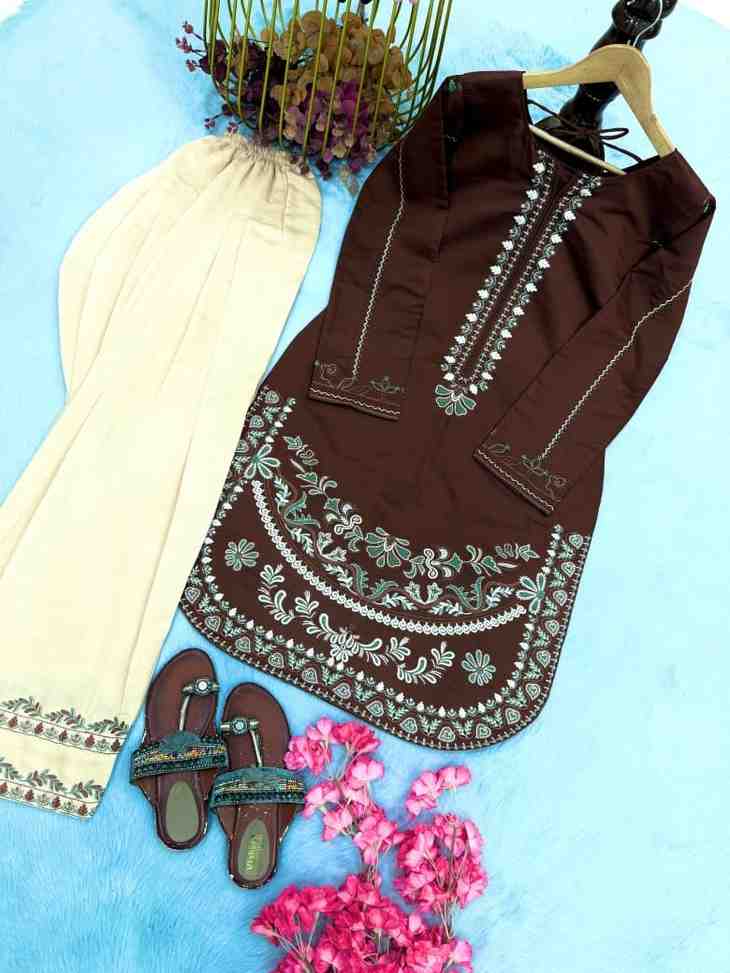 “Latest brown kurti set for women with embroidered neckline and hem”

