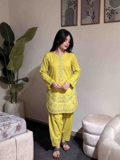 “Designer yellow kurti set with embroidery and comfortable palazzo pants”
