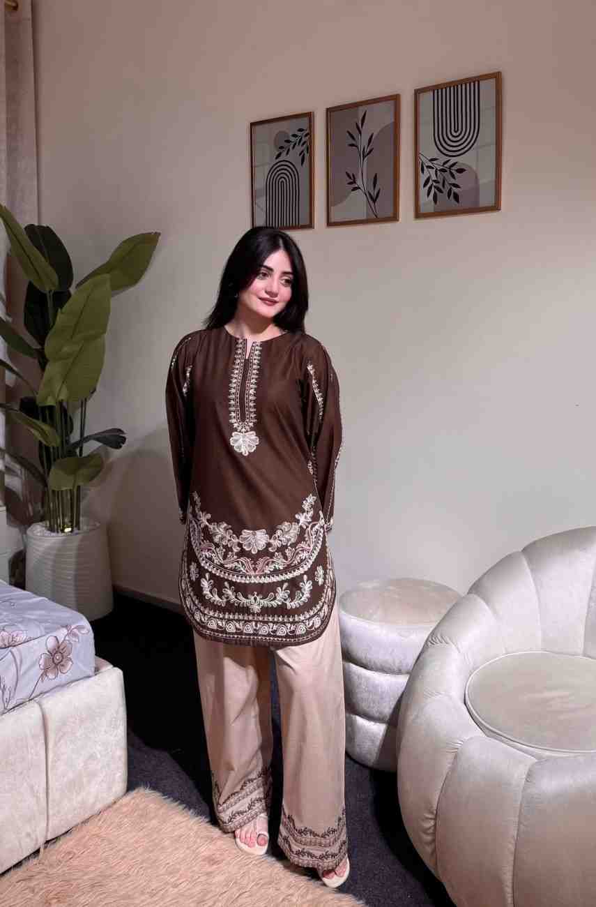 “Traditional brown kurti with intricate embroidery paired with rayon palazzo”