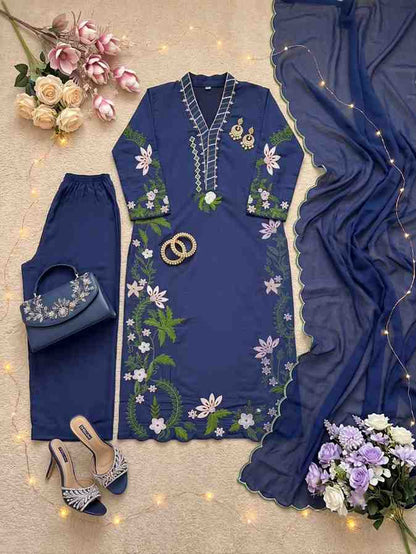 Woman wearing navy blue embroidered kurta palazzo set with dupatta