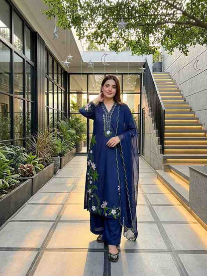 Navy blue ethnic 3 piece suit set for women front view
