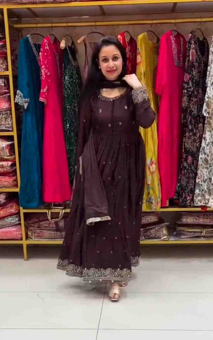 Stylish long gown ethnic set with detailed embroidery work