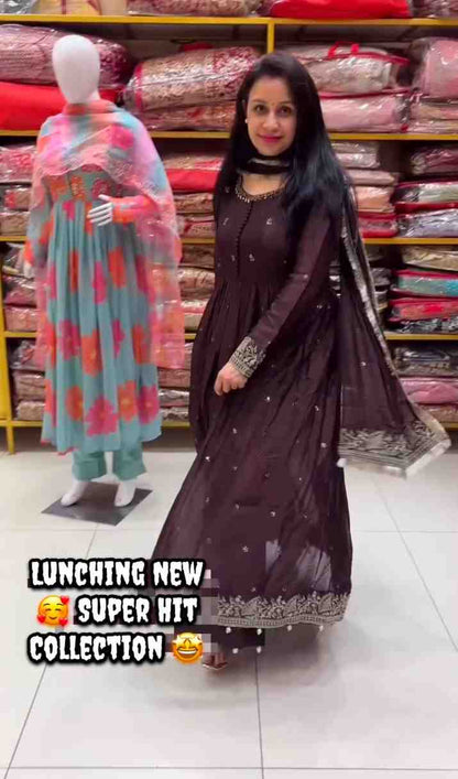 Elegant brown ethnic gown set with sequins and lace work