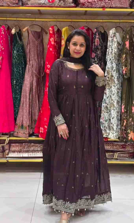 Women’s embroidered Chinon silk ethnic gown with pant set