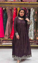 Women’s Brown Embroidered Chinon Silk Gown Set with Dupatta & Pant