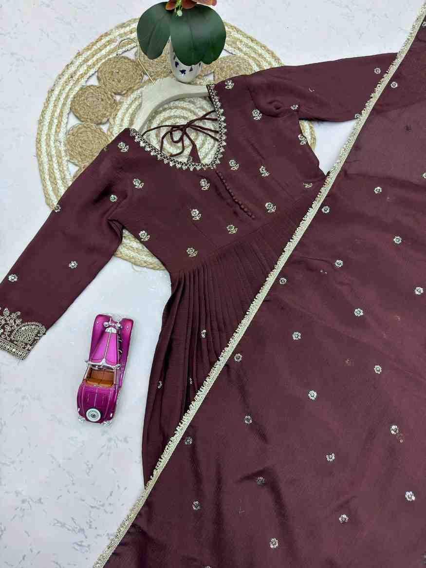 Brown designer party wear gown set with embroidery and dupatta