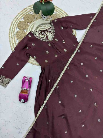 Brown designer party wear gown set with embroidery and dupatta