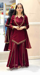Women’s Maroon Mirror Work Kurti Palazzo Set with Dupatta