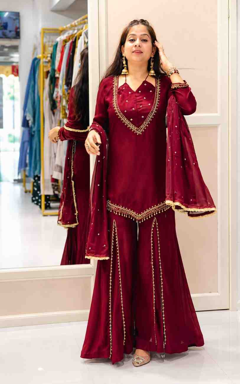 Designer maroon kurti set with palazzo and dupatta front view