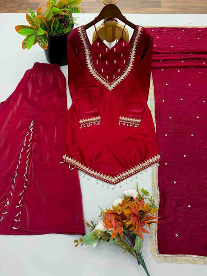 Maroon mirror work kurti palazzo set with dupatta for women
