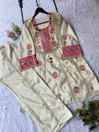 Designer cream ethnic co-ord set with embroidery work