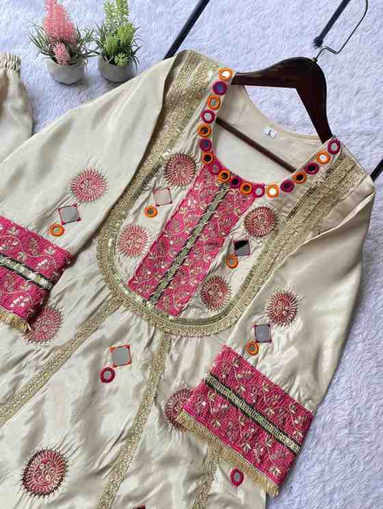 Cream co-ord set with mirror work top and palazzo for women