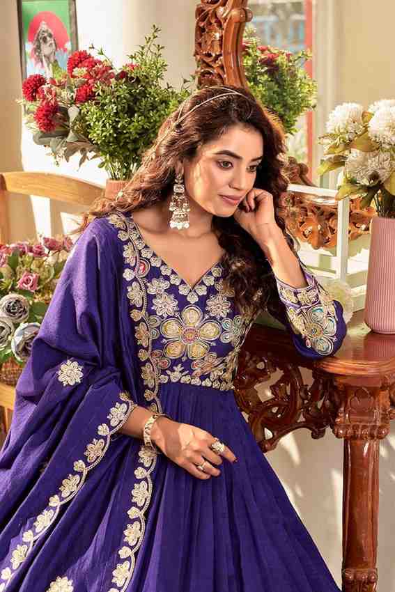 Party wear purple gown with embroidery