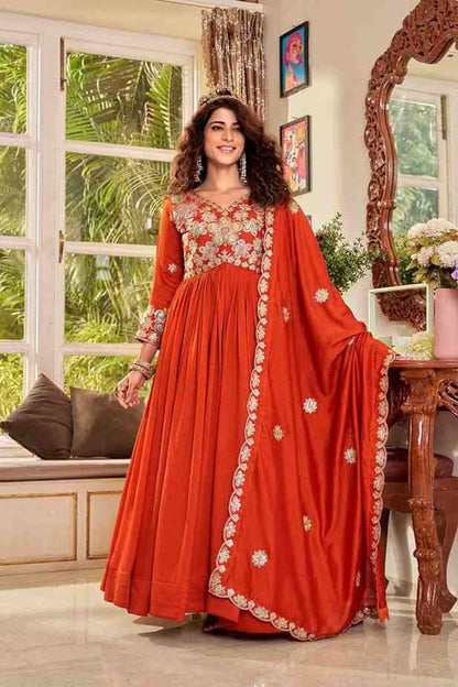 Wedding wear red Anarkali gown with embroidered patterns
