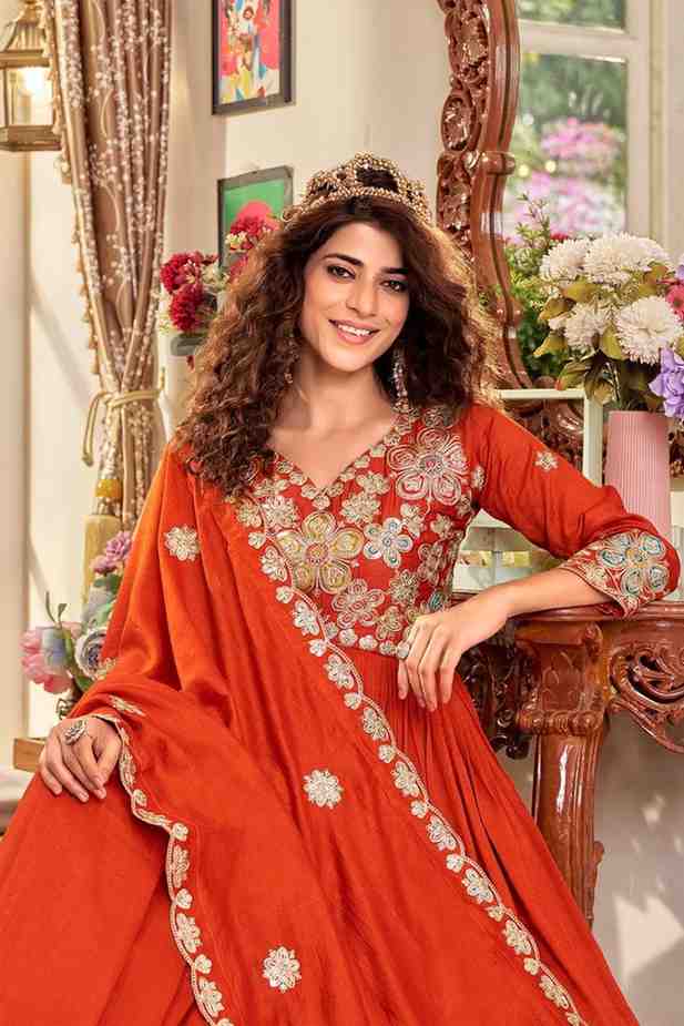 Party wear red gown with traditional embroidery detailing