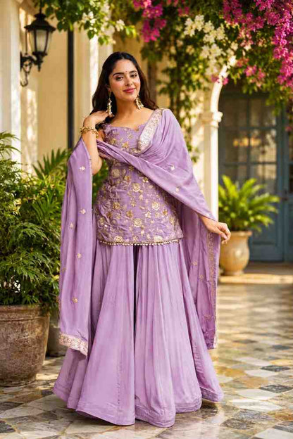 Party wear sharara suit set for women in lavender color