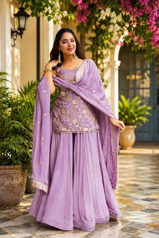 Party wear sharara suit set for women in lavender color