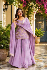 Lavender Diamond Silk Sharara Suit Set with Sequins Zari Work & Dupatta