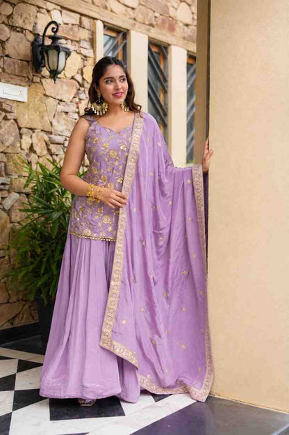 Elegant sharara set with dupatta and heavy embroidery