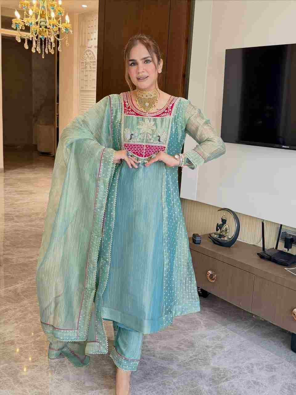 Embroidered A-Line Silk suit set