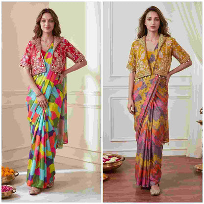 Traditional Chinon Silk Saree with Modern Ready-to-Wear Design
