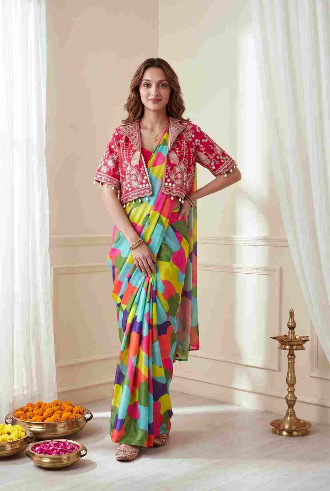 Women’s Designer Chinon Silk Saree with Stitched Koti