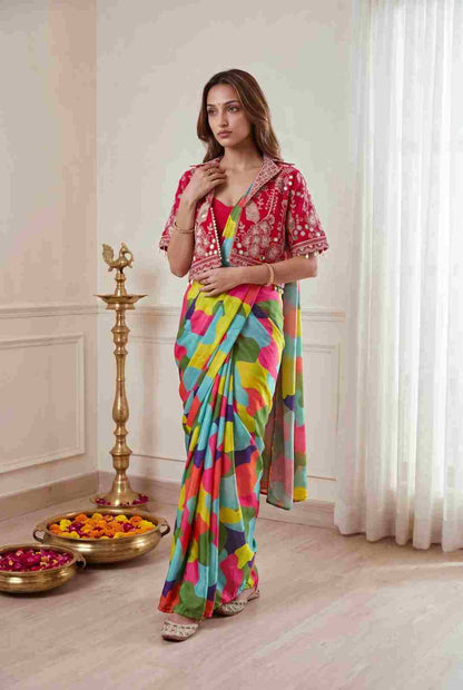 Wedding Wear Chinon Silk Saree with Designer Koti