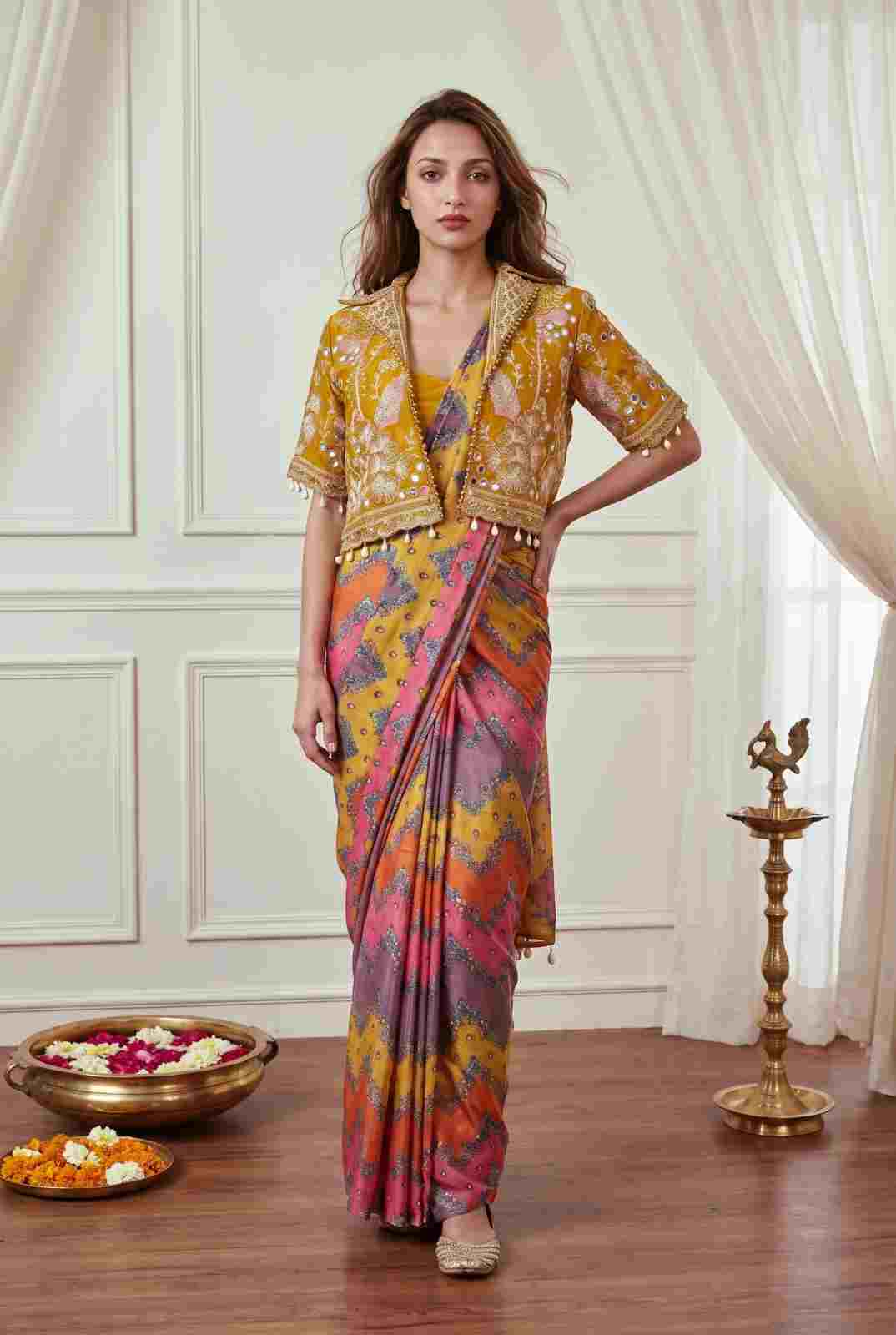 Chinon Silk Digital Print Saree with Fully Stitched Blouse