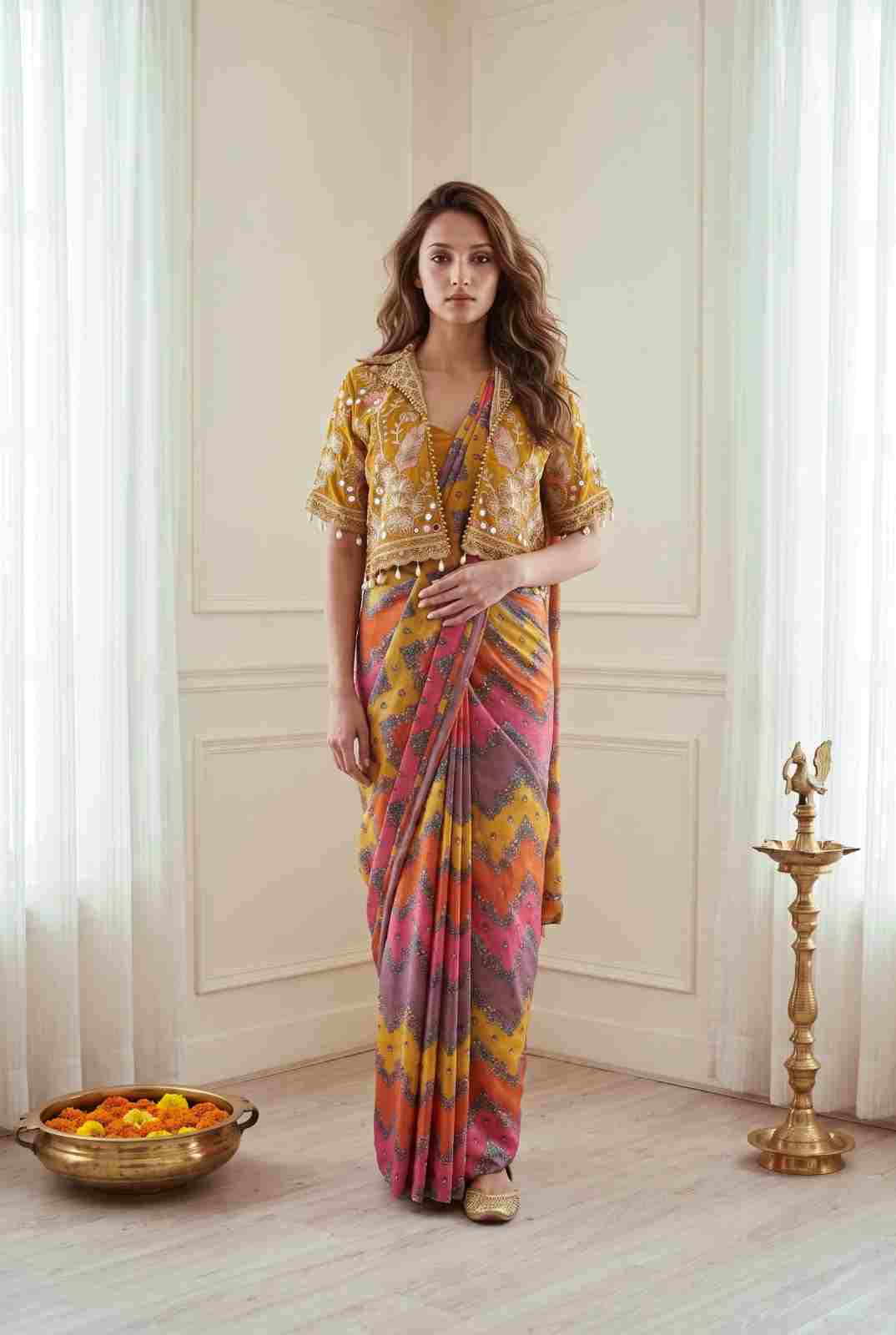 Chinon Silk digital print saree with stitched blouse and mirror work jacket`