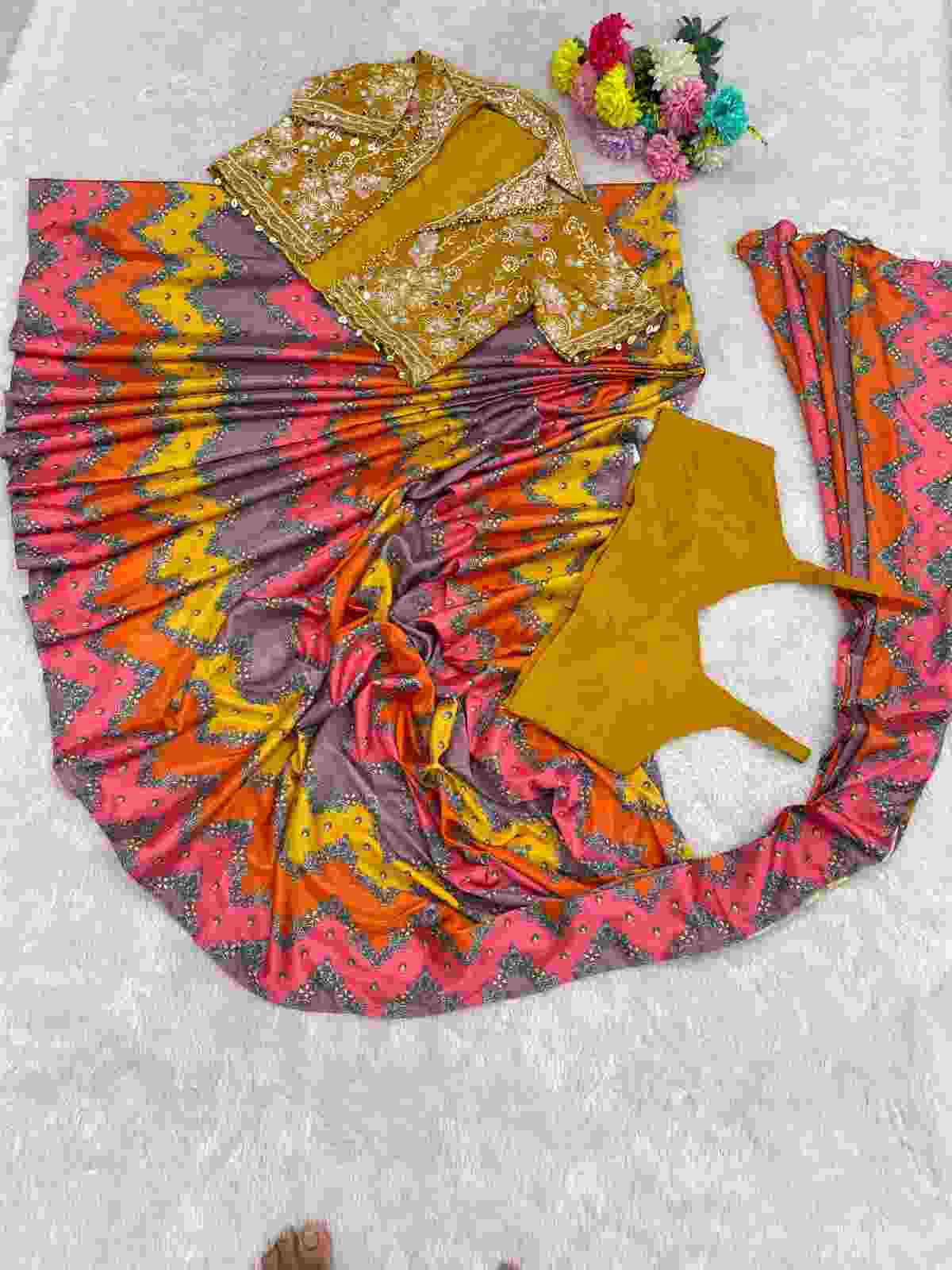 Premium festive Chinon Silk Saree with real mirror work Koti