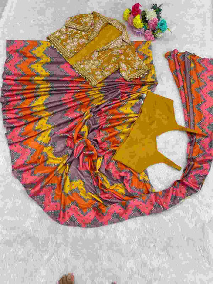 Premium festive Chinon Silk Saree with real mirror work Koti