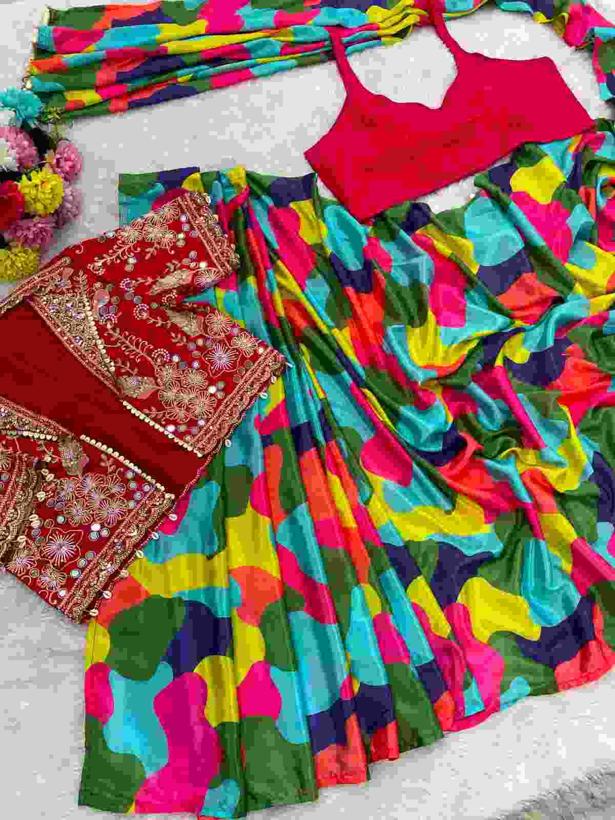 Premium ready-to-wear Chinon Silk Saree with mirror work Koti