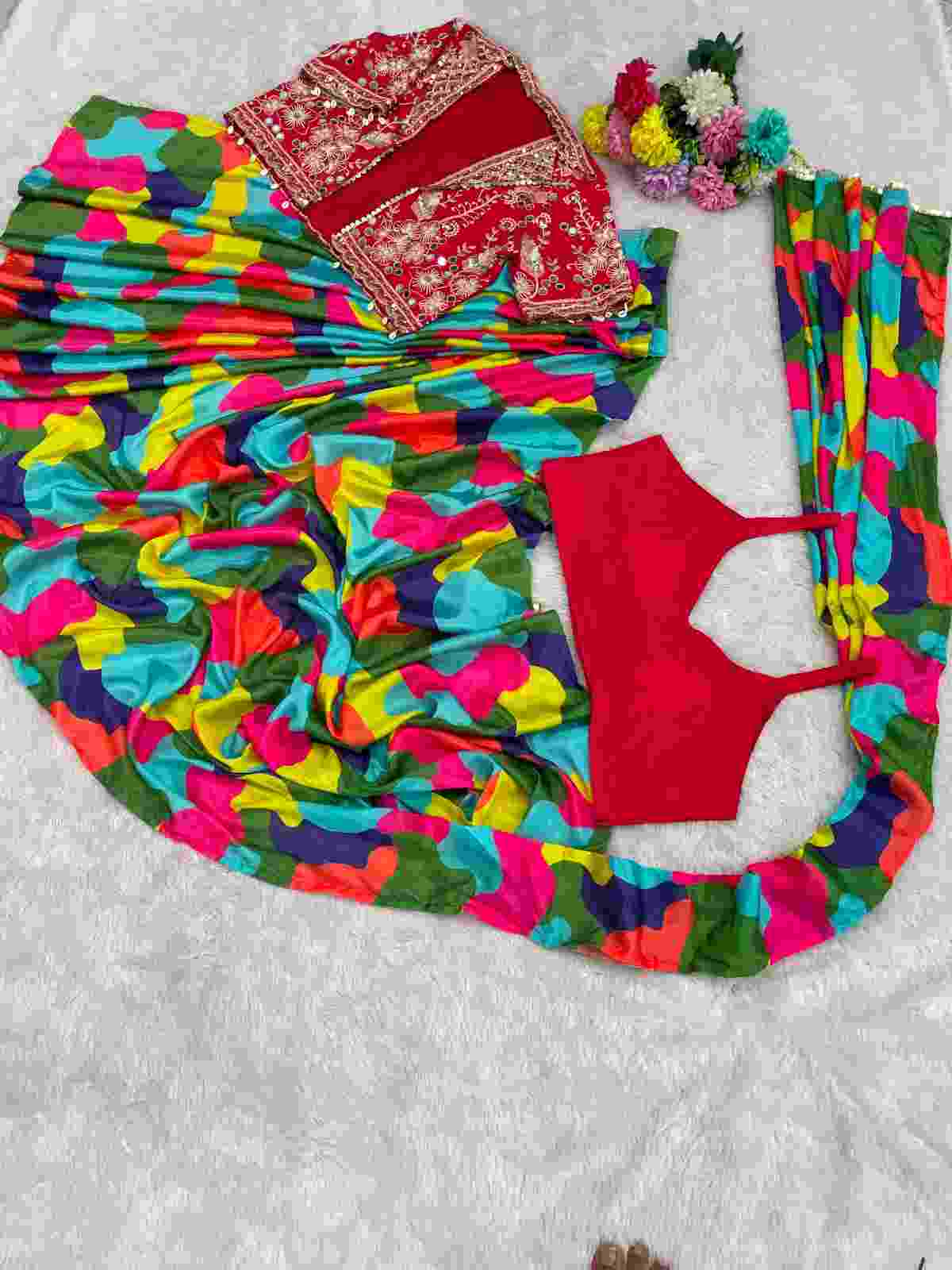 Ready-to-wear Chinon Silk Saree with designer embroidered Koti