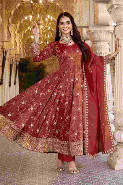 Rust Anarkali Suit with Matching Pants and Embroidered Dupatta
