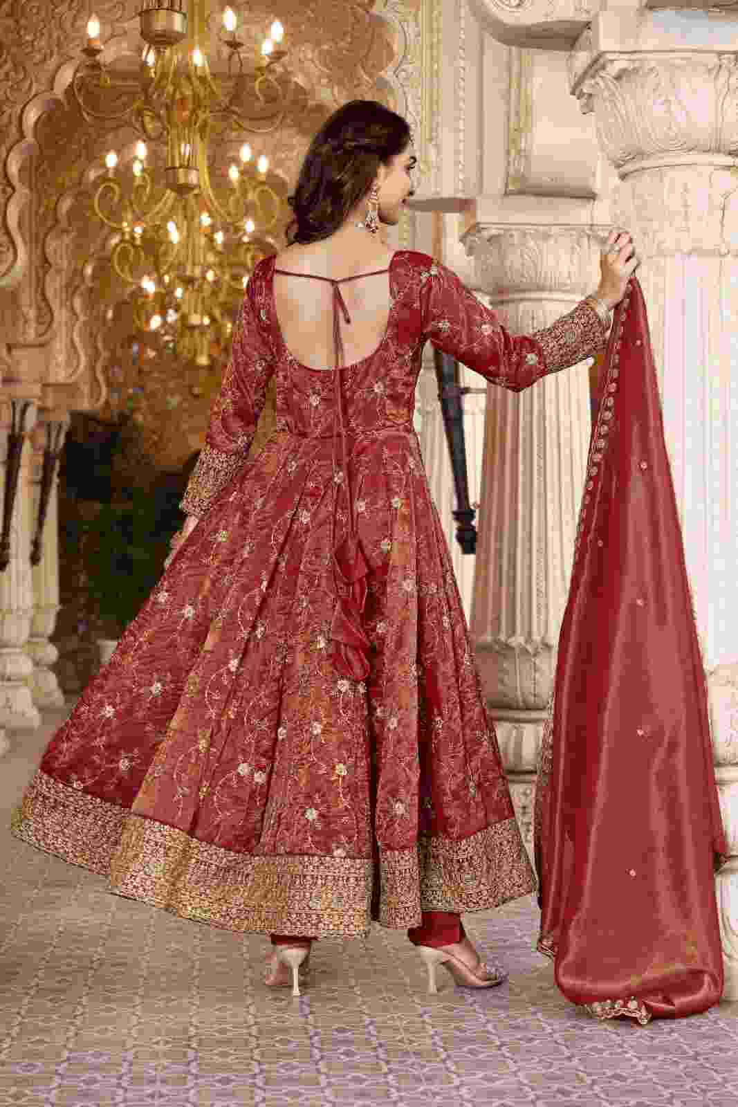 Premium Rust Anarkali Suit Set with Heavy Sequin Embroidery