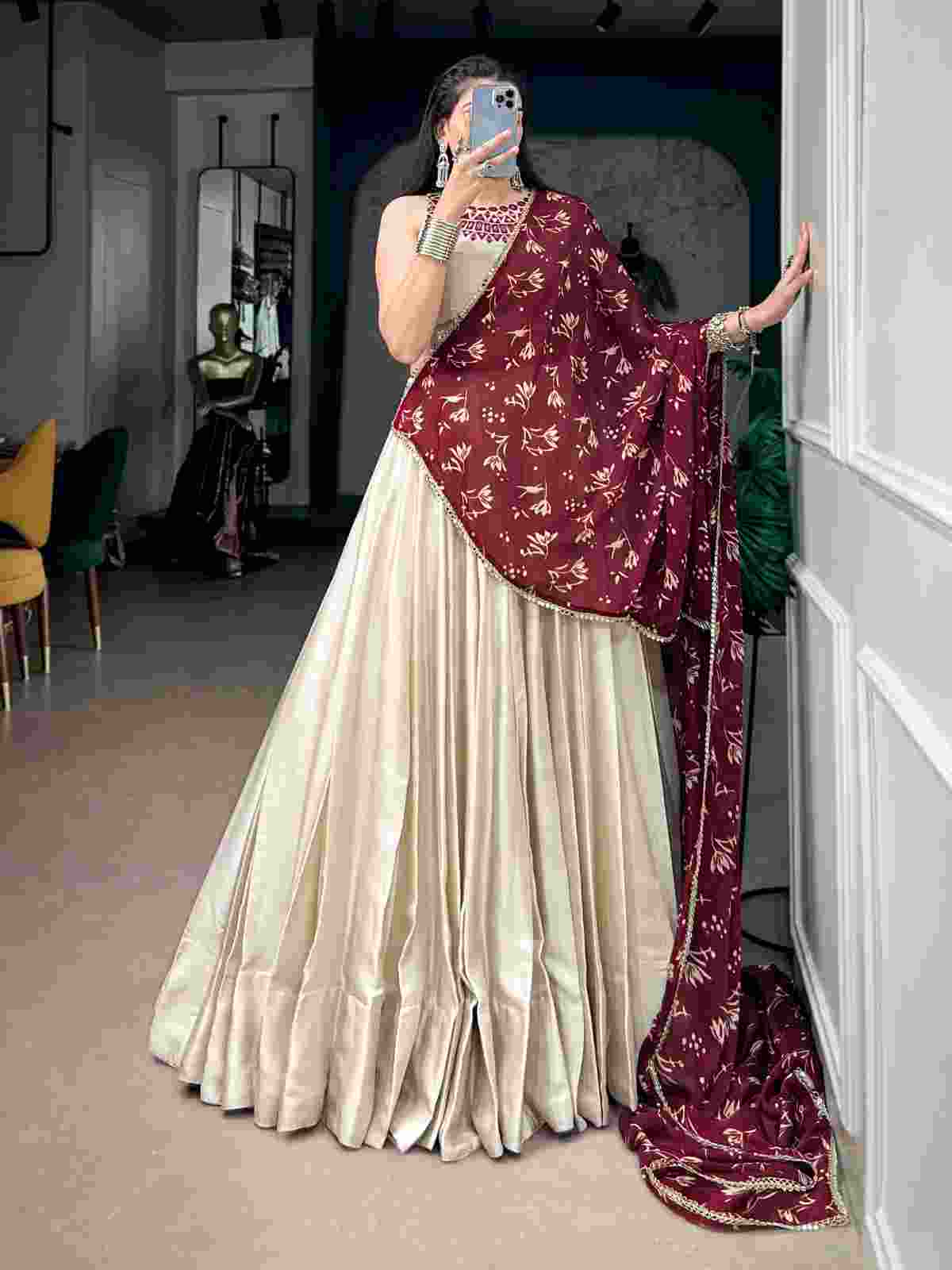Monga Silk Lehenga with Mirror Work Blouse and Satin Chiffon Dupatta