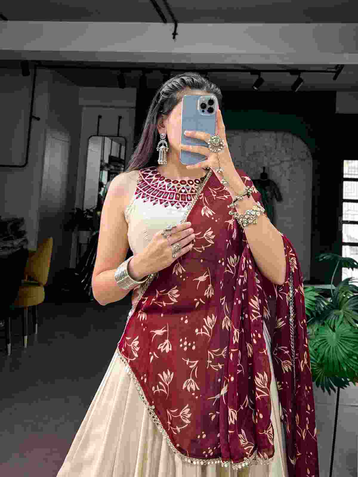 Satin Chiffon Dupatta with Printed Design and Mirror Lace