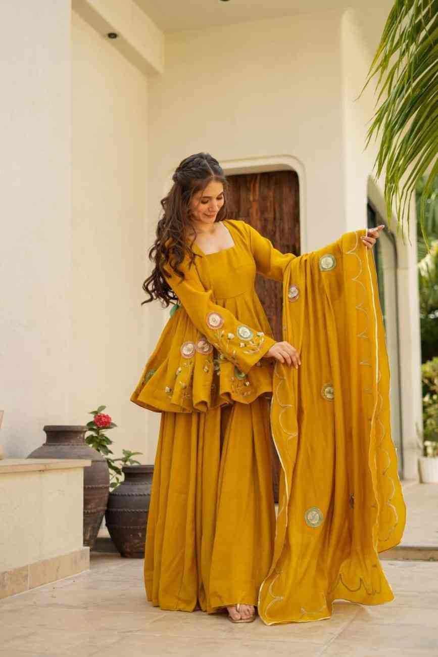 Chinon Palazzo Suit Set with Hand Patch Gota Work & Designer Dupatta